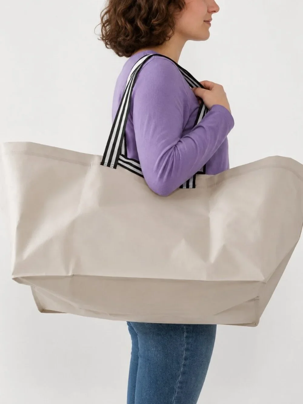 Set of 2 IKEA GÖRSNYGG Large Shopping Bag Tote Beige with Striped Handle (19Gal)